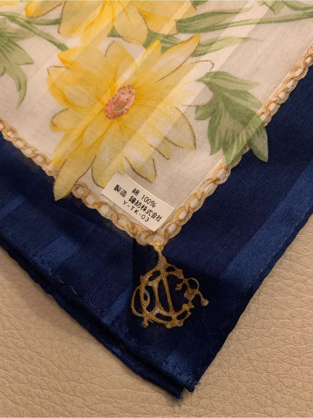 Christian Dior Vintage 19” Floral Handkerchief NWT Yellow Gold CD Japan Unused
